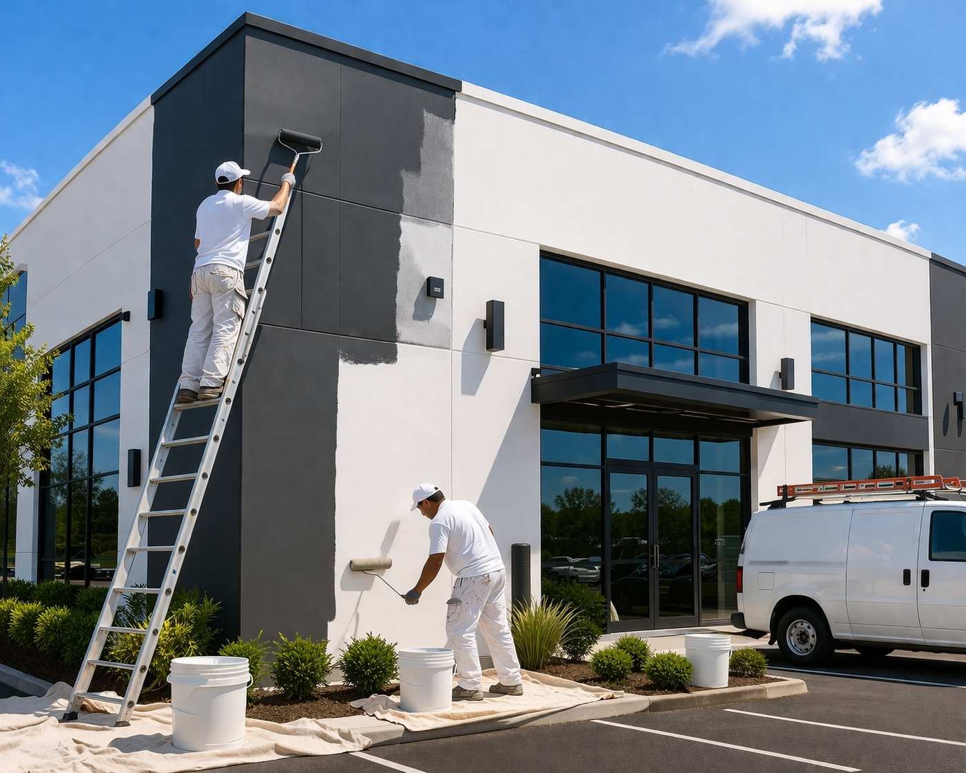 Commercial exterior painting contractors applying coatings to a building facade in Calgary.